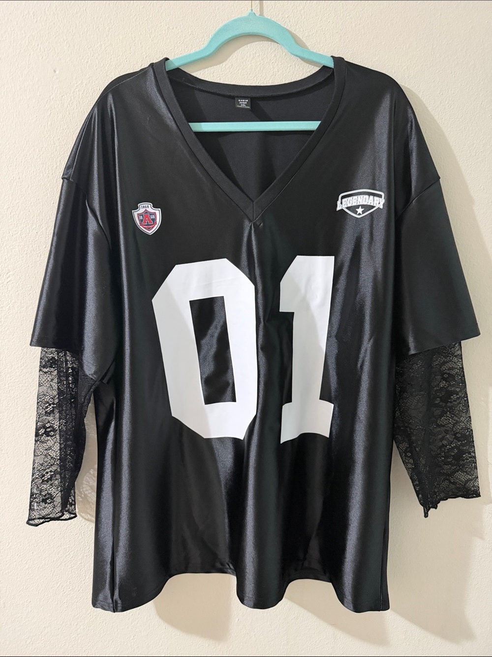 Oversized Black Lace-Sleeve Football Jersey Top - 01 Design